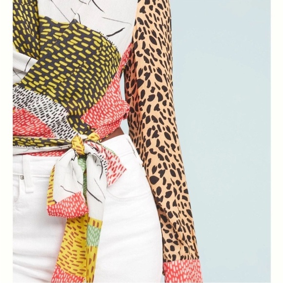 Anthropologie BInk Leopard Patchwork Blouse Wrap Top Tie Closure Shirt Sz XS - Picture 2 of 11